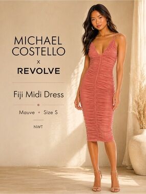 Michael Costello x REVOLVE Fiji Midi Dress Mauve Ruched Mesh S NWT